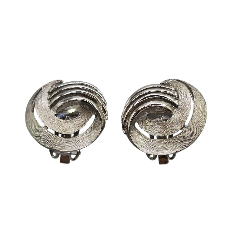 Clip On Earrings Swirl Modernist Statement Jewelry Women Vintage Silver Tone